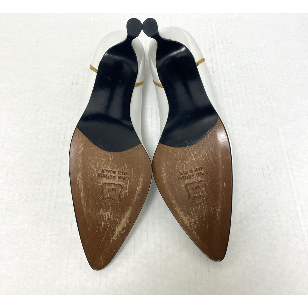 Stuart Weitzman White Pump Leather Gold Slim Heel Classic Vintage Almond Toe 10 - Picture 10 of 10